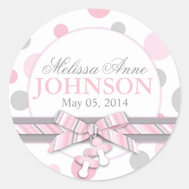 Pink & Grey Polka Dots Announcement Classic Round Sticker (Front)