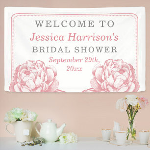 Pink & Grey Pretty Peony Floral Bridal Shower Banner
