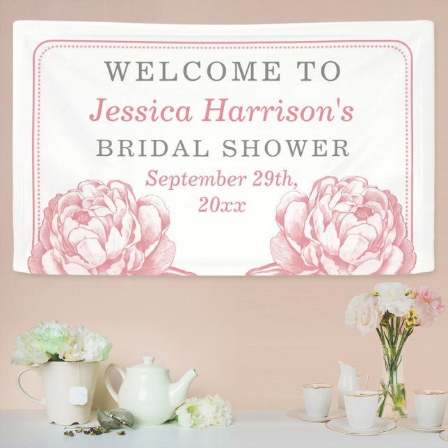 Pink & Grey Pretty Peony Floral Bridal Shower Banner (Creator Uploaded)