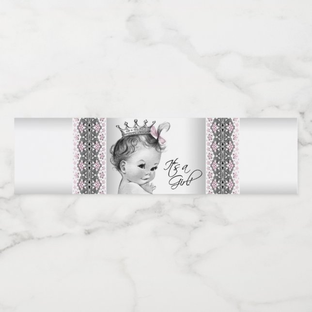 Pink Grey Princess Baby Girl Water Bottle Labels (Single Label)