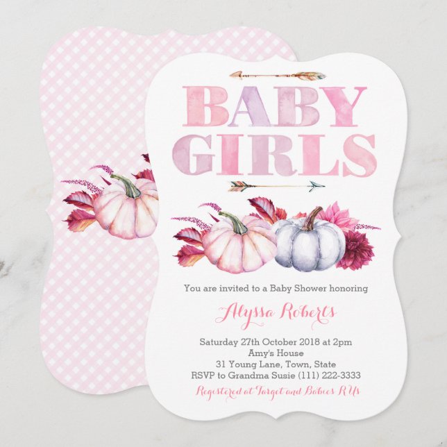 Pink Grey Pumpkins Twin Girls Baby Shower Invitation (Front/Back)