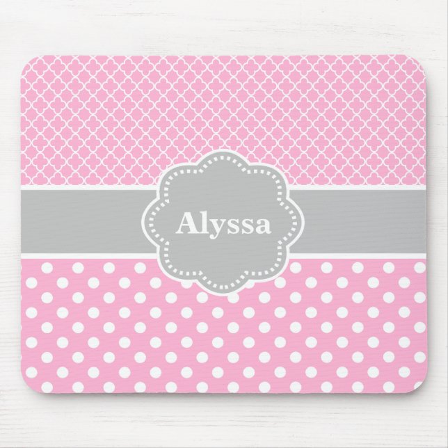 Pink Grey Quatrefoil Chevron Personalised Mousepad (Front)