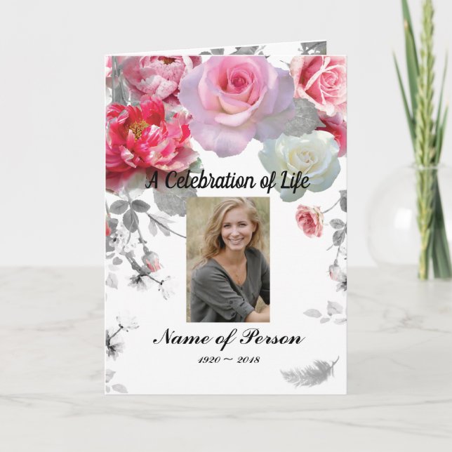 Pink Grey Roses Funeral Program (Front)