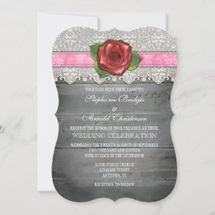 Pink Grey Rustic Wood Rose Wedding Invite