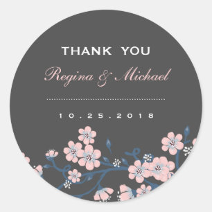 Pink Grey Sakura Flower Wedding Favour Sticker