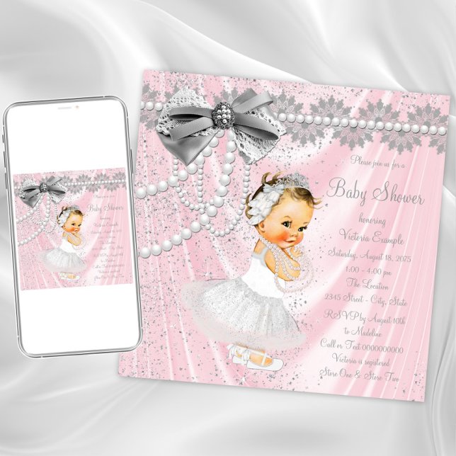 Pink Grey Satin Pearl Little Lady Baby Shower Invitation (Adorable pink and gray baby shower invitation. Instant download and printed invitations available.)