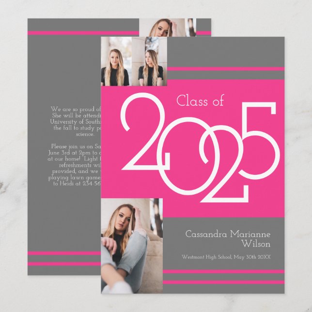 Pink Grey School Colours Graduation Announcement (Front/Back)