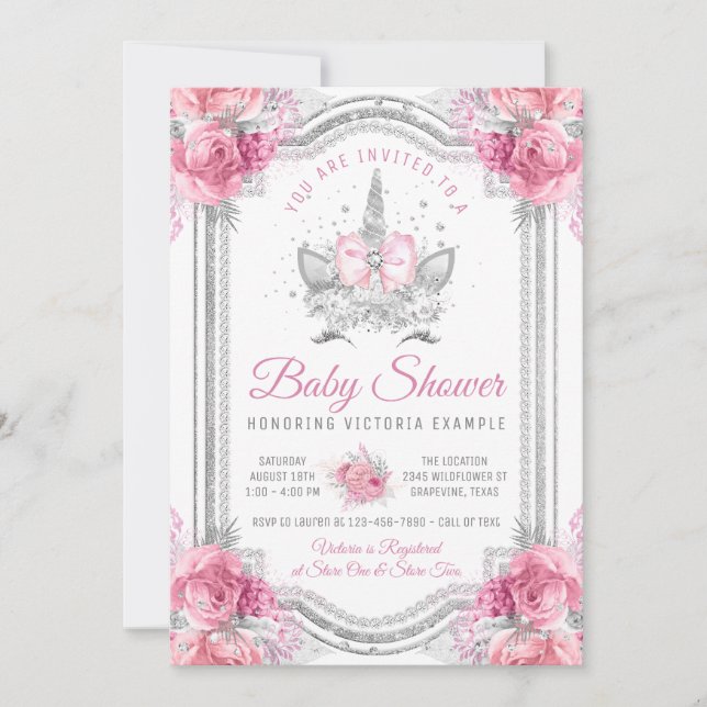 Pink Grey Silver Diamond Unicorn Baby Shower Invitation (Front)