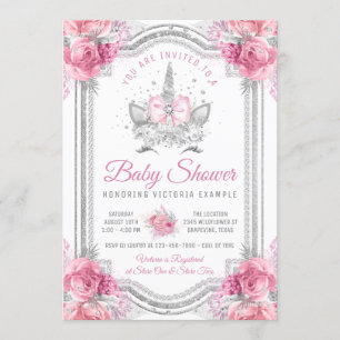 Pink Grey Silver Diamond Unicorn Baby Shower Invitation