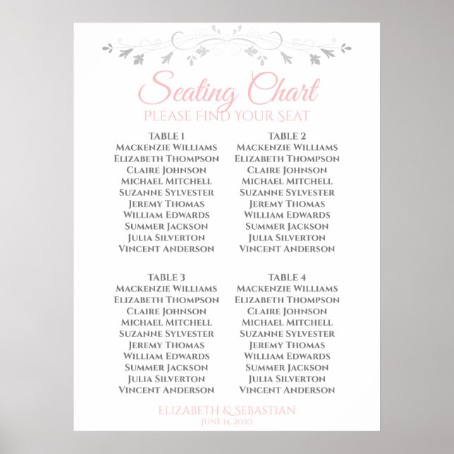 Pink & Grey Simple 4 Table Wedding Seating Chart (Front)