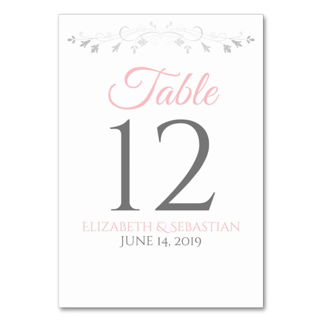 Pink & Grey Simple Elegant Wedding Table Number (Front)