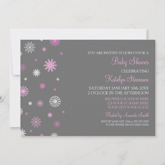 Pink Grey Snow Christmas Custom Baby Shower Invitation (Back)