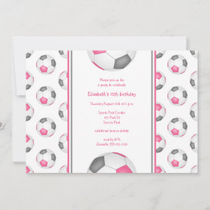 pink grey soccer balls pattern birthday party invitation