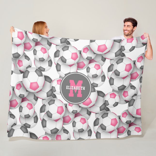 pink grey soccer balls pattern monogrammed fleece blanket (In Situ)