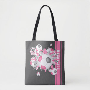 Pink grey soccer balls stars girls name tote bag
