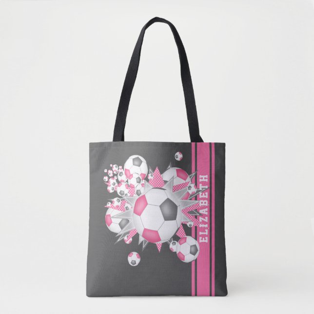 Pink grey soccer balls stars girls name  tote bag (Front)