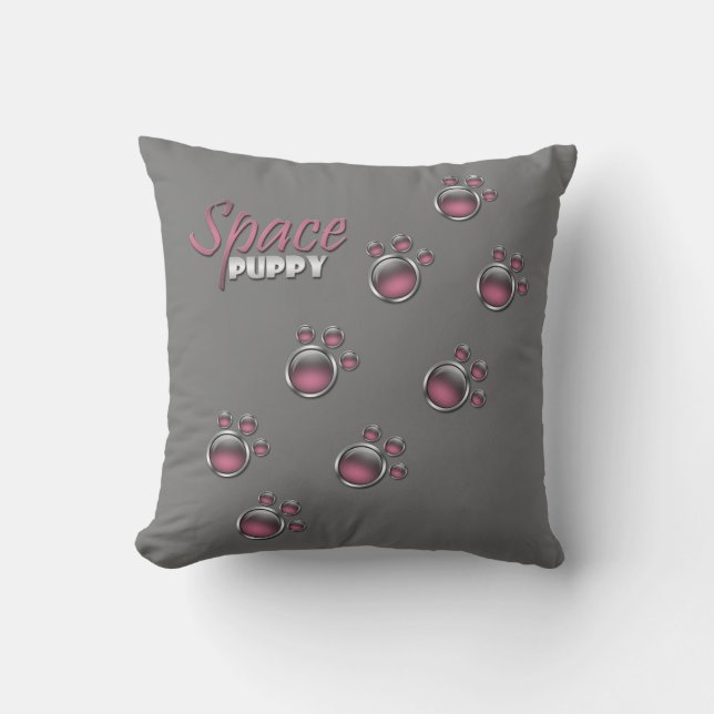 Pink & Grey "Space Puppy" Paw Prints Pillow (Front)