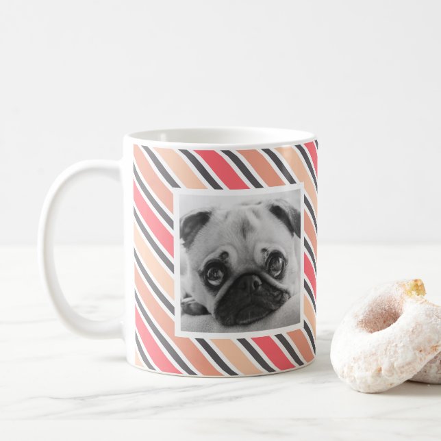 Pink Grey Stripe Pattern Custom Photo Mug (With Donut)