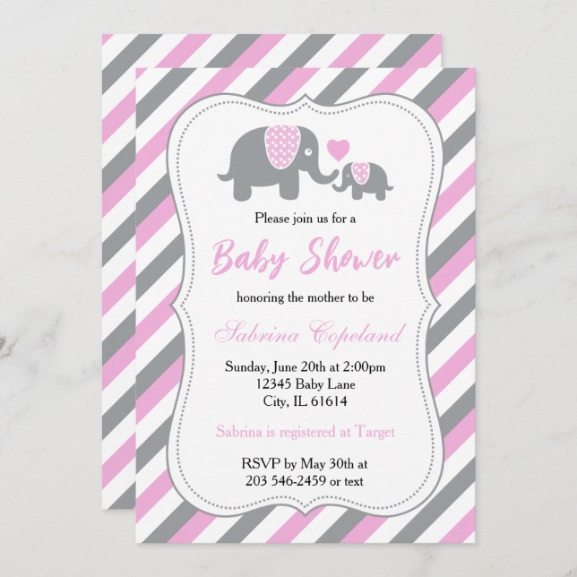 Pink & Grey Stripes Baby Elephant | Baby Shower Invitation (Front/Back)