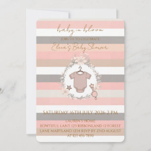 Pink Grey Stripes Baby in Bloom Invitation