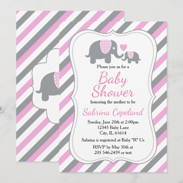 Pink & Grey Stripes Elephant | Baby Shower Invitation (Front/Back)
