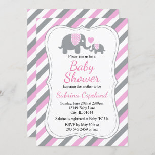 Pink & Grey Stripes Elephant   Baby Shower Invitation