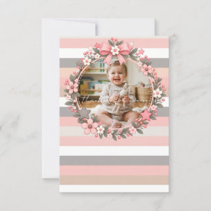 Pink Grey Stripes Floral Photo Baby Shower Thank You Card