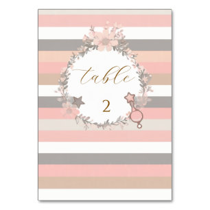 Pink Grey Stripes Wreath Baby Shower  Table Number