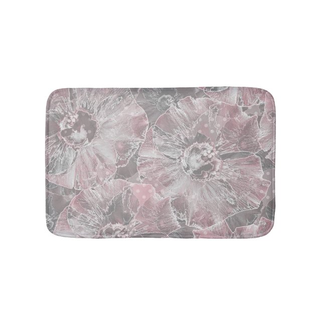 Pink grey stylish large flowers bath mat (Front)