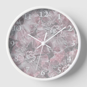 Pink grey stylish large flowers clock