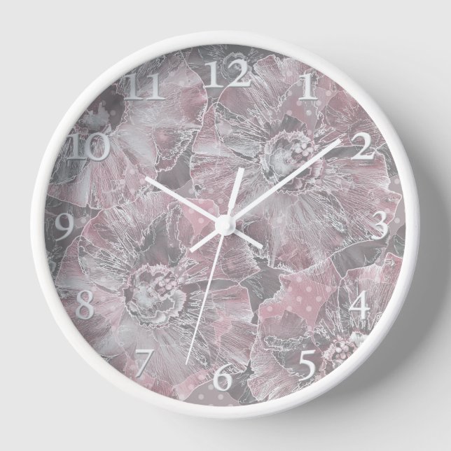 Pink grey stylish large flowers clock (Front)