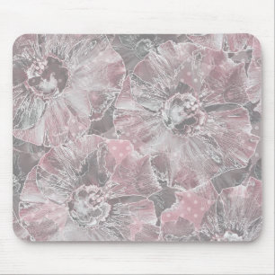 Pink grey stylish large flowers mouse pad