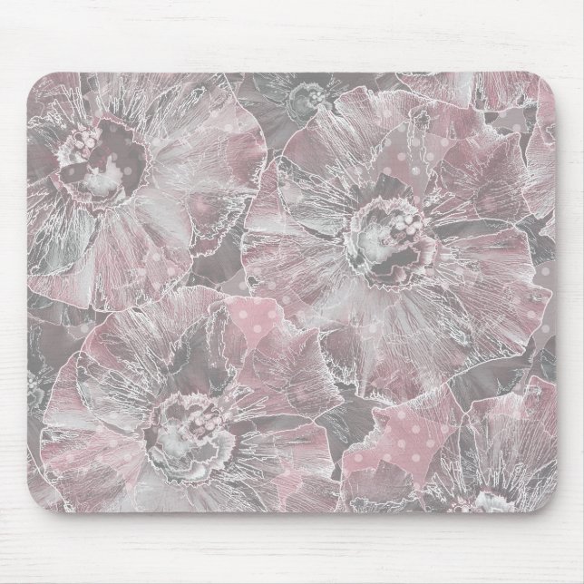 Pink grey stylish large flowers mouse pad (Front)