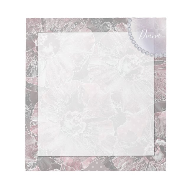 Pink grey stylish large flowers notepad (Front)