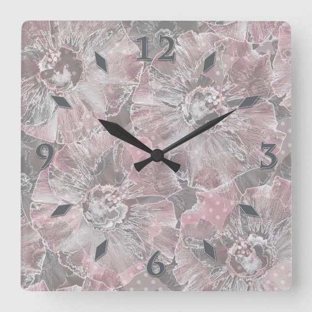 Pink grey stylish large flowers square wall clock (Front)