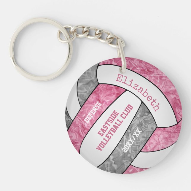 Pink grey team colours girls sports volleyball key ring (Front)