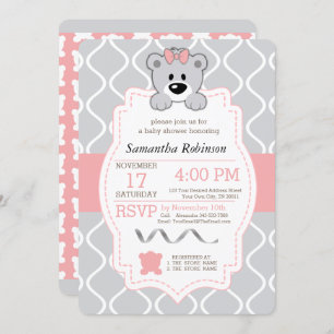 Pink & Grey Teddy Bear Baby Shower Invitation
