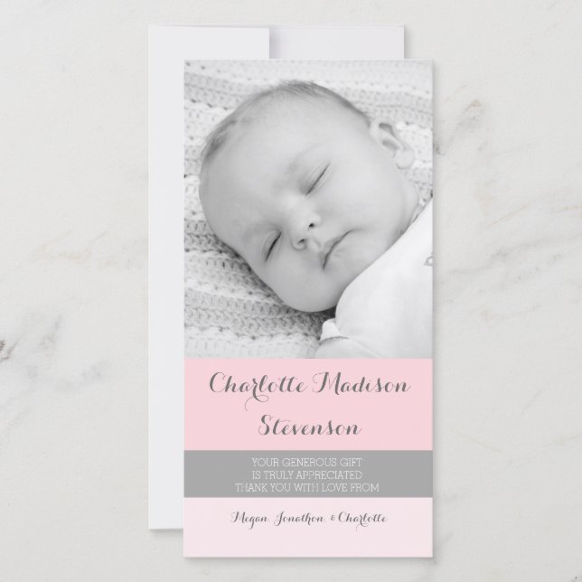 Pink Grey Thank You Baby Shower Photo Cards (Front)