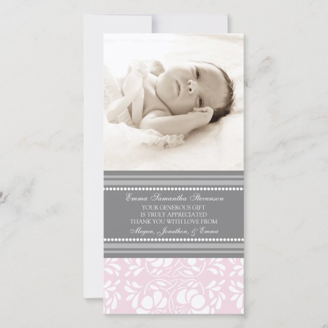 Pink Grey Thank You Baby Shower Photo Cards (Front)