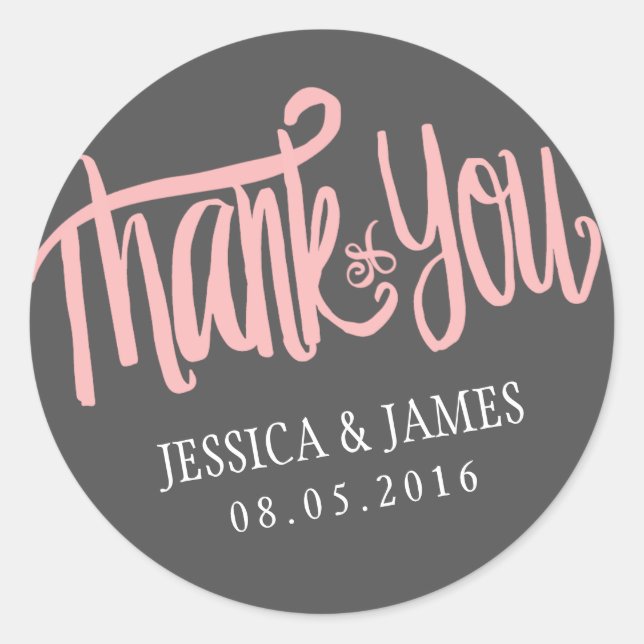 Pink Grey Thank You Sticker with Calligraphy Font (Front)