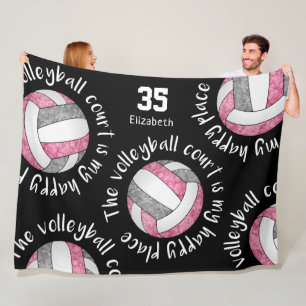 pink grey the volleyball court is my happy place fleece blanket