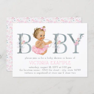 Pink Grey Tutu Pearl Baby Girl Shower Invitations