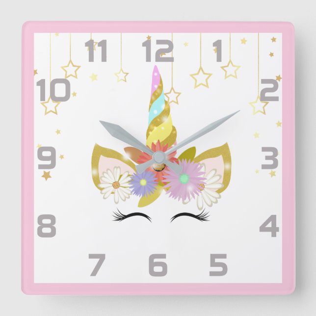 Pink Grey Unicorn Nursery Decor Wall Clock (Front)