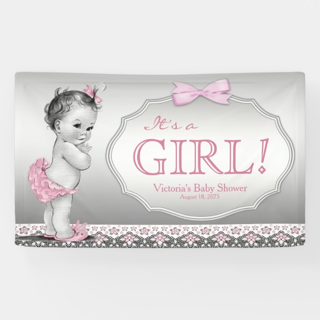 Pink Grey Vintage Baby Girl Baby Shower Banner (Horizontal)