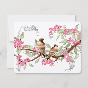 Pink & Grey Vintage Love Birds Wedding RSVP Card