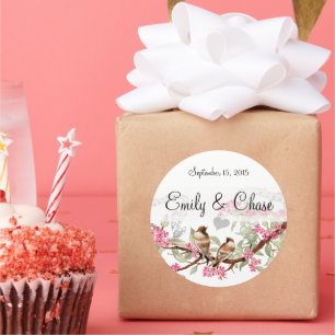 Pink & Grey Vintage Love Birds Wedding Stickers