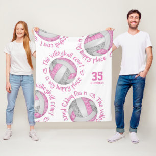 pink grey volleyball court happy place typography fleece blanket