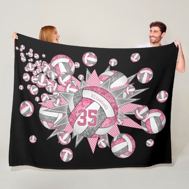 Pink grey volleyball stars girls sports room decor fleece blanket (In Situ)