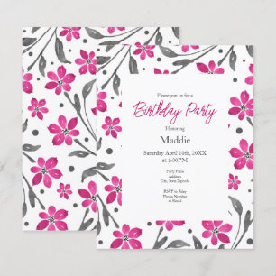 Pink Grey Watercolor Flowers Pattern Invitation
