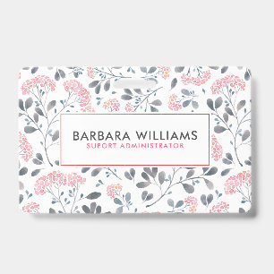 Pink & Grey Watercolors Flowers Pattern ID Badge